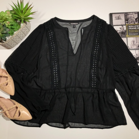 Express Sheer Black Pleated Long Sleeve Peplum Top - Picture 3 of 7